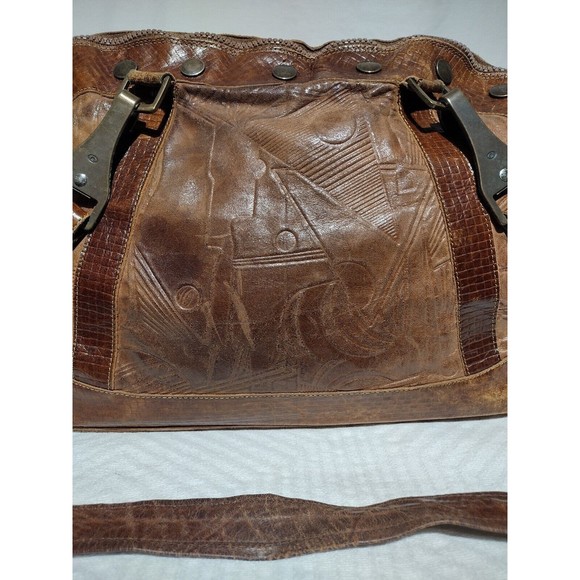 Vintage Lisandro Sarasota Large 2-Tone Brown Leather Engraved Double Handle Bag - Picture 3 of 16
